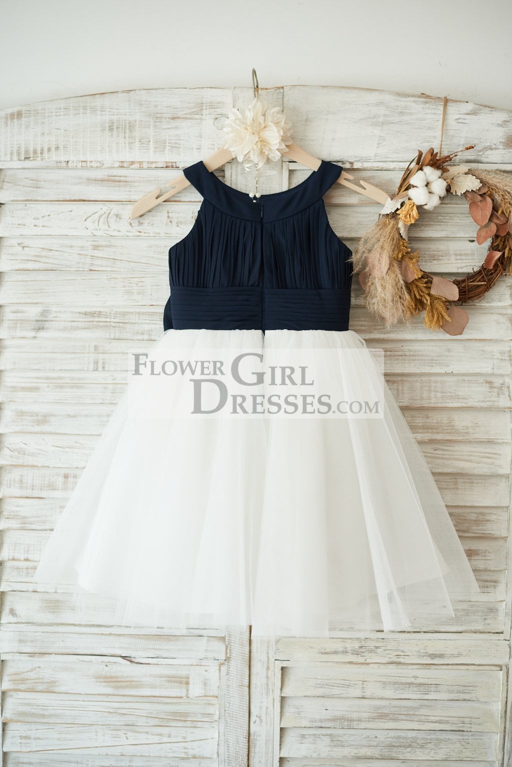 Navy Blue Chiffon Ivory Tulle Halter Neck Wedding Flower Girl Dress with Bow