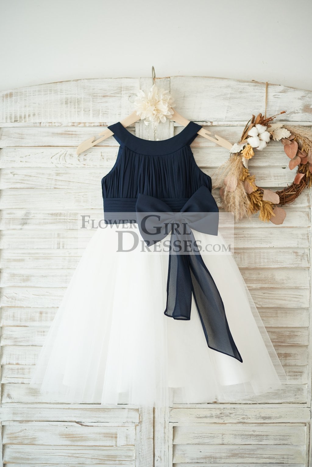 Navy Blue Chiffon Ivory Tulle Halter Neck Wedding Flower Girl Dress with Bow