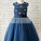 Navy Blue Lace Glitter Tulle Beaded Cross Back Wedding Flower Girl Dress