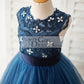 Navy Blue Lace Glitter Tulle Beaded Cross Back Wedding Flower Girl Dress