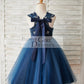Navy Blue Lace Glitter Tulle Beaded Cross Back Wedding Flower Girl Dress