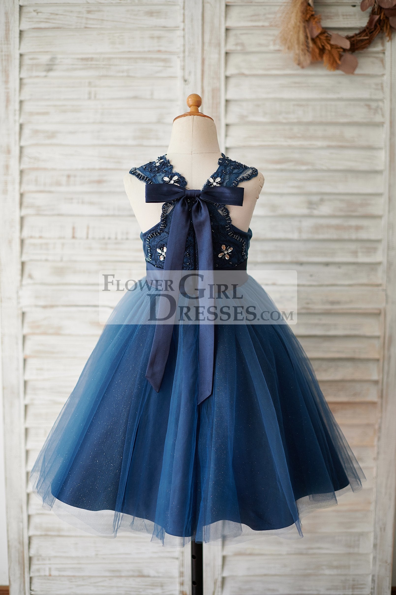 Navy Blue Lace Glitter Tulle Beaded Cross Back Wedding Flower Girl Dress