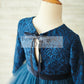 Navy Blue Lace Tulle Long Sleeves Wedding Flower Girl Dress