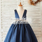 Navy Blue Satin V Neck Wedding Party Flower Girl Dress