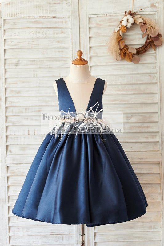 Navy Blue Satin V Neck Wedding Party Flower Girl Dress