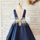 Navy Blue Satin V Neck Wedding Party Flower Girl Dress
