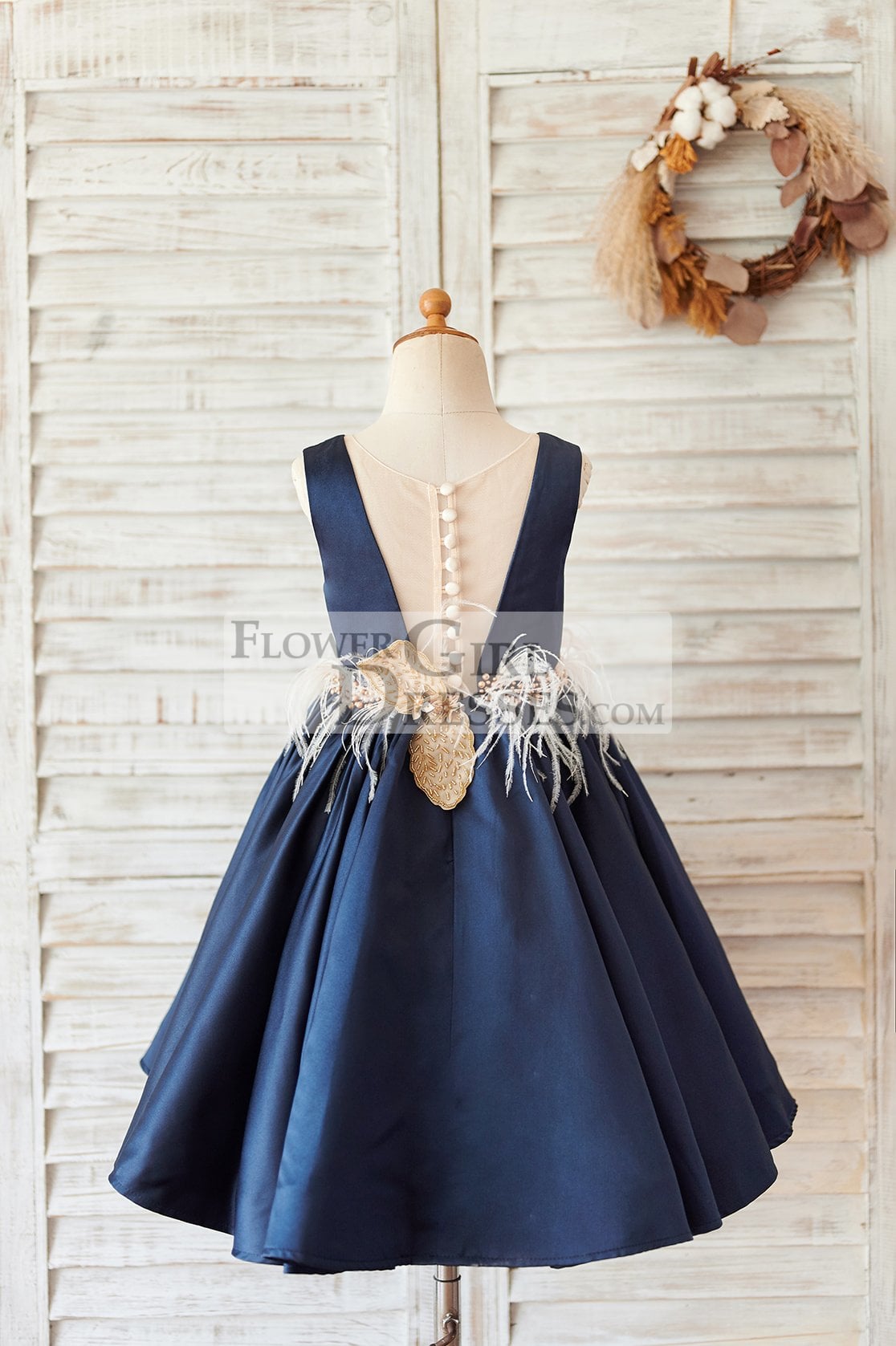 Navy Blue Satin V Neck Wedding Party Flower Girl Dress