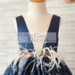 Navy Blue Satin V Neck Wedding Party Flower Girl Dress