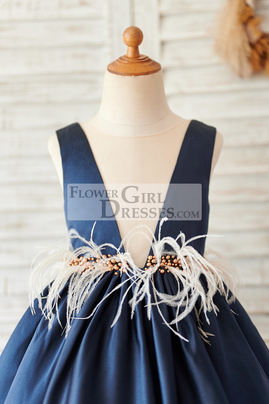 Navy Blue Satin V Neck Wedding Party Flower Girl Dress