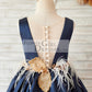 Navy Blue Satin V Neck Wedding Party Flower Girl Dress