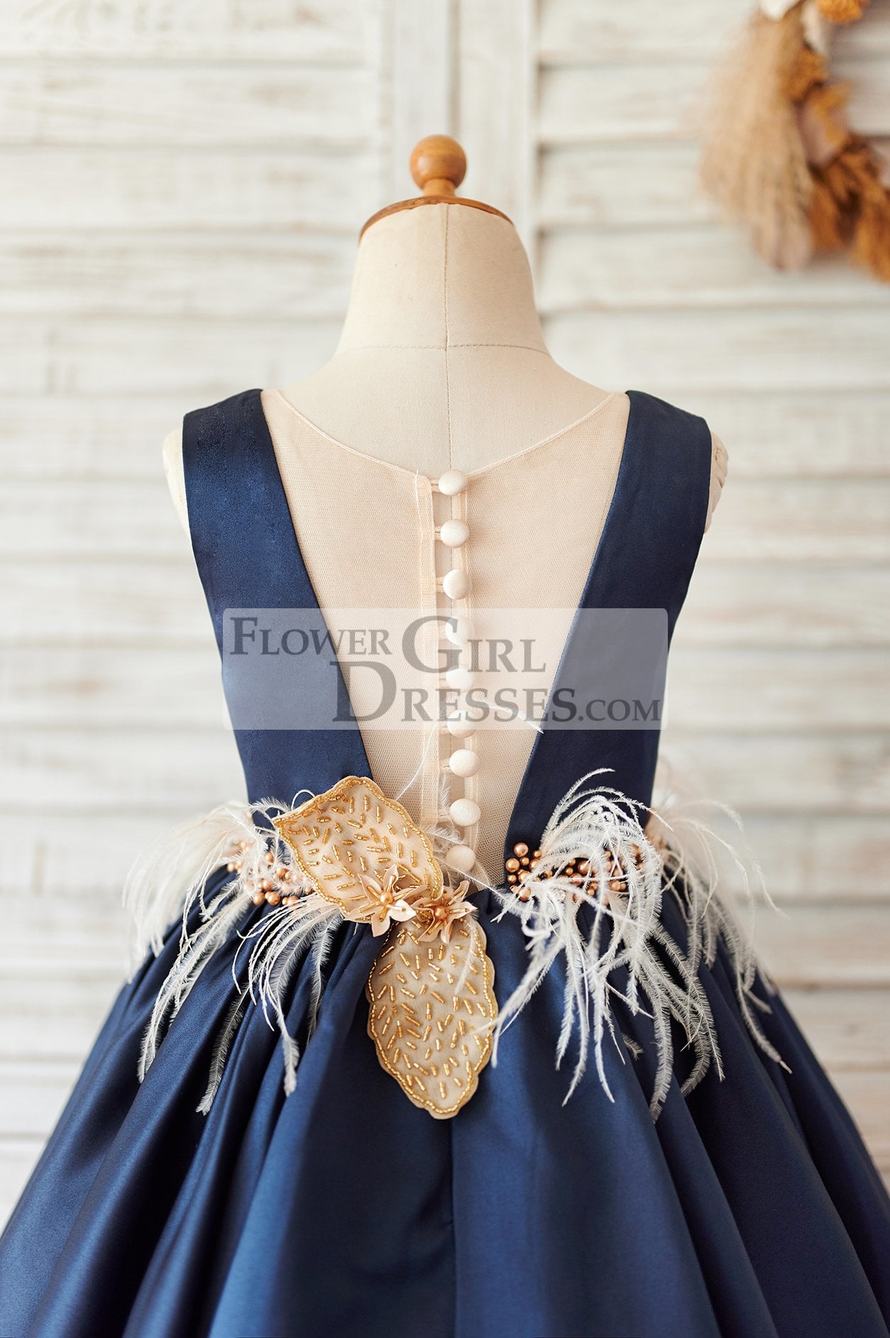 Navy Blue Satin V Neck Wedding Party Flower Girl Dress