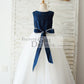 Navy Blue Taffeta Ivory Tulle Wedding Party Flower Girl Dress with Pearls