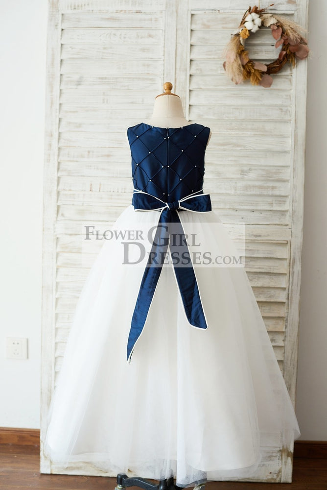 Navy Blue Taffeta Ivory Tulle Wedding Party Flower Girl Dress, Pearls - Flower Girl Dresses Navy Blue Taffeta Ivory Tulle Wedding Party Flower Girl Dress, Pearls - Flower Girl Dresses