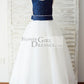 Navy Blue Taffeta Ivory Tulle Wedding Party Flower Girl Dress with Pearls