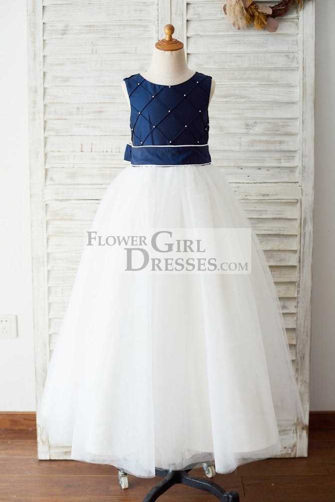 Navy Blue Taffeta Ivory Tulle Wedding Party Flower Girl Dress, Pearls 5T Navy Blue Taffeta Ivory Tulle Wedding Party Flower Girl Dress, Pearls 5T