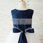 Navy Blue Taffeta Ivory Tulle Wedding Party Flower Girl Dress with Pearls