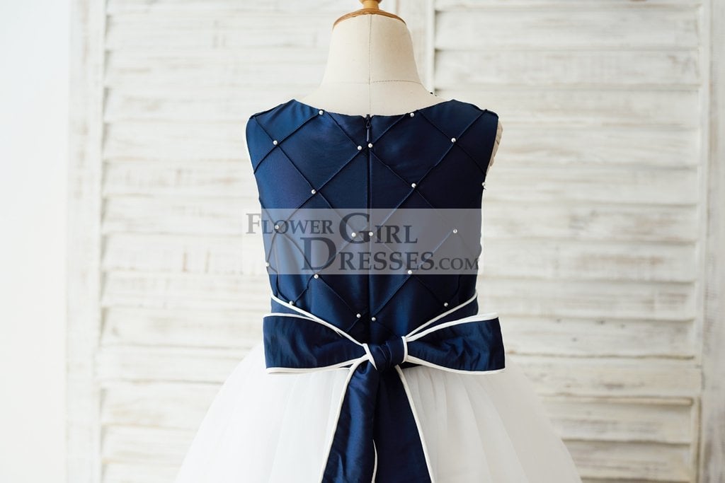 Navy Blue Taffeta Ivory Tulle Wedding Party Flower Girl Dress with Pearls