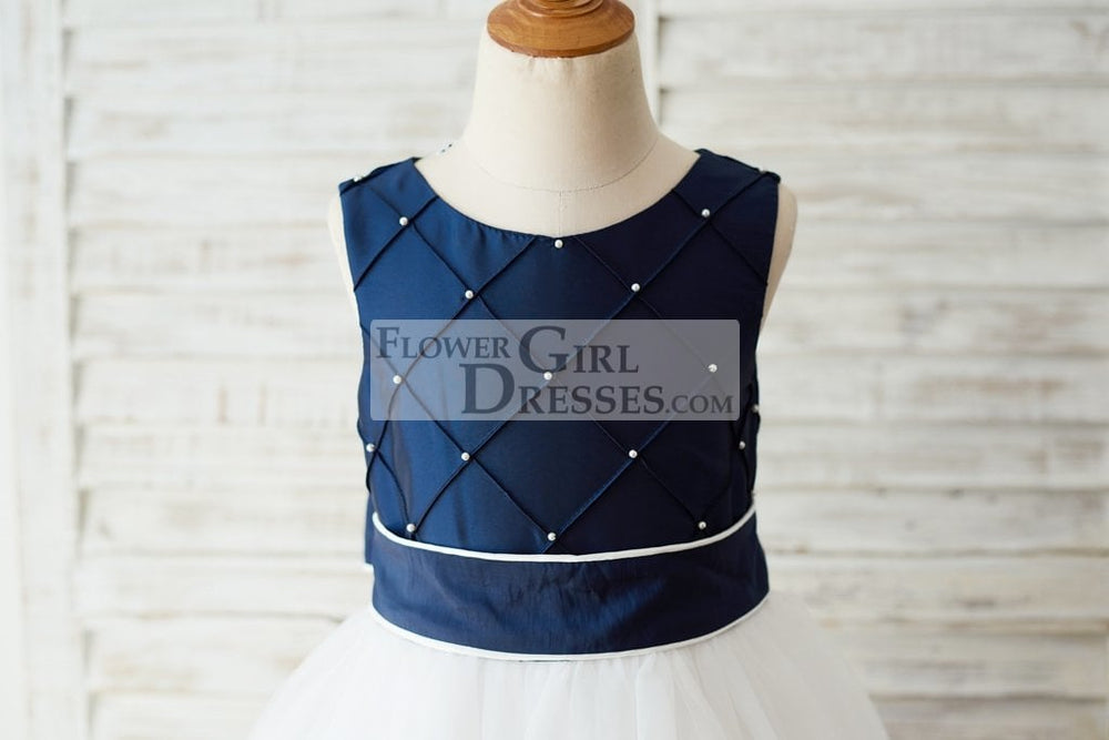 Navy Blue Taffeta Ivory Tulle Wedding Party Flower Girl Dress, Pearls 5T Navy Blue Taffeta Ivory Tulle Wedding Party Flower Girl Dress, Pearls 5T