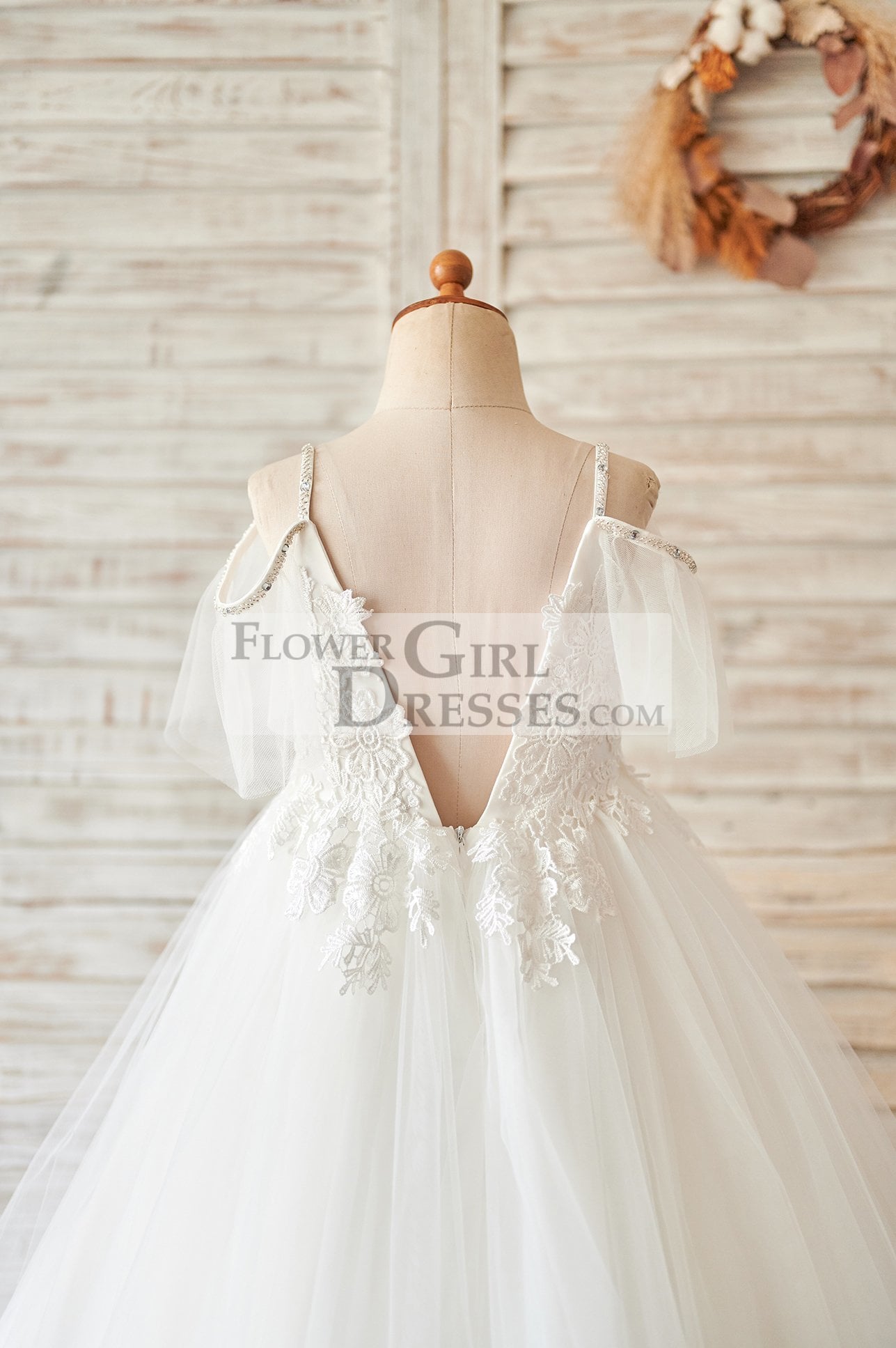 Off Shoulder Ivory Lace Tulle Ball Gown Wedding Flower Girl Dress