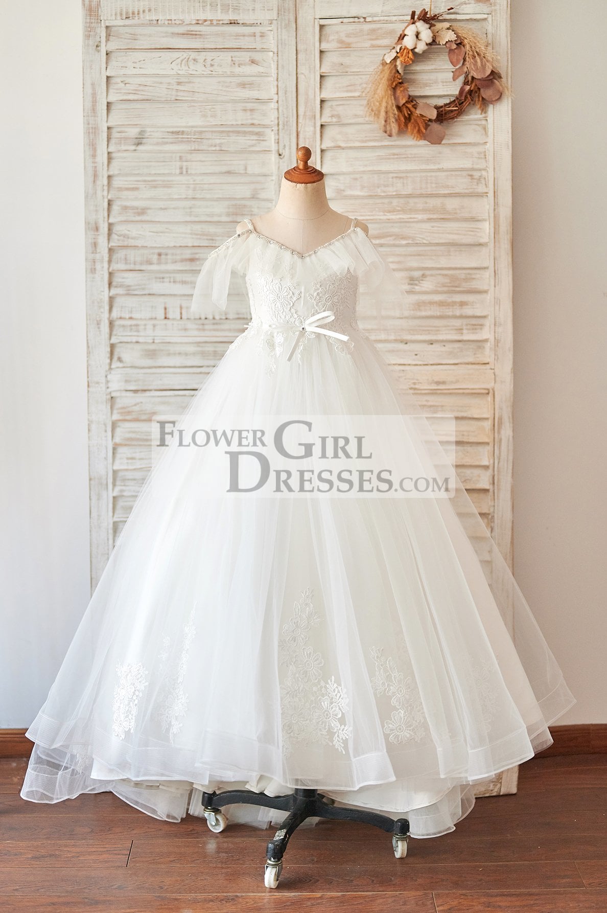 Off Shoulder Ivory Lace Tulle Ball Gown Wedding Flower Girl Dress