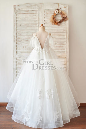 Off Shoulder Ivory Lace Tulle Ball Gown Wedding Flower Girl Dress - Flower Girl Dresses Off Shoulder Ivory Lace Tulle Ball Gown Wedding Flower Girl Dress - Flower Girl Dresses