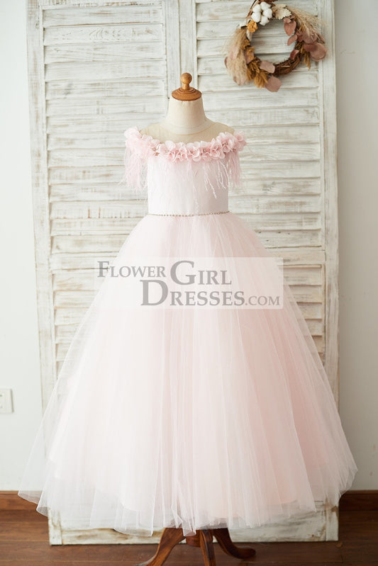 Off Shoulder Pink Tulle Feathers Wedding Party Flower Girl Dress