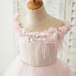 Off Shoulder Pink Tulle Feathers Wedding Party Flower Girl Dress