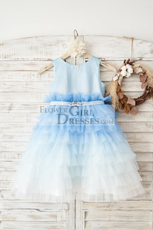 Ombre Blue Glittering Tulle Cupcake Wedding Flower Girl Dress