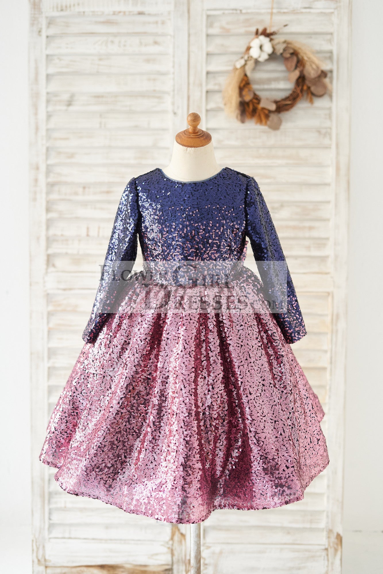 Ombre Navy Pink Sequin V Back Wedding Flower Girl Dress with Bow Kids Party Dress