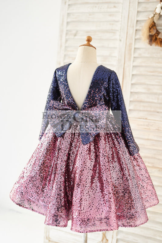 Ombre Navy Pink Sequin V Back Wedding Flower Girl Dress with Bow Kids Party Dress