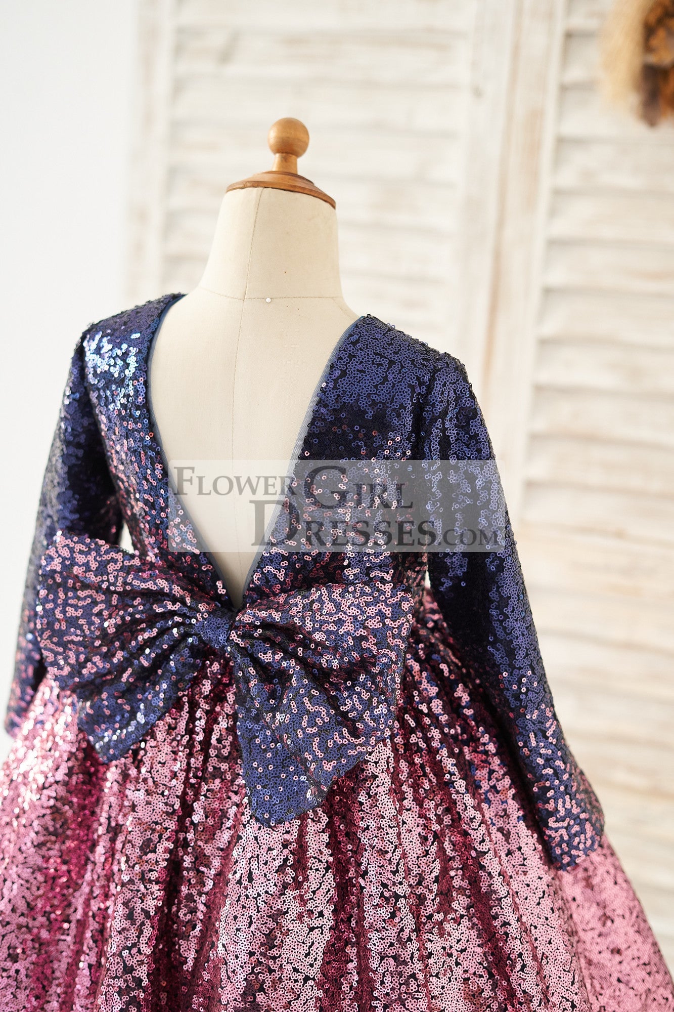 Ombre Navy Pink Sequin V Back Wedding Flower Girl Dress with Bow Kids Party Dress