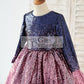 Ombre Navy Pink Sequin V Back Wedding Flower Girl Dress with Bow Kids Party Dress