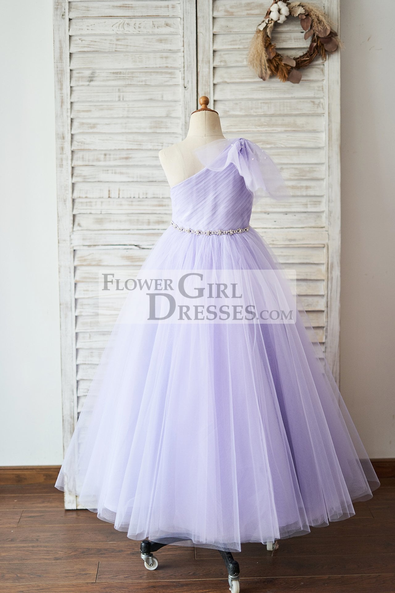 One Shoulder Beaded Lavender Tulle Wedding Flower Girl Dress