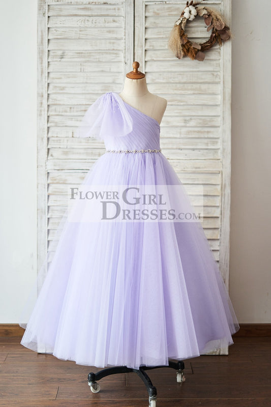 One Shoulder Beaded Lavender Tulle Wedding Flower Girl Dress