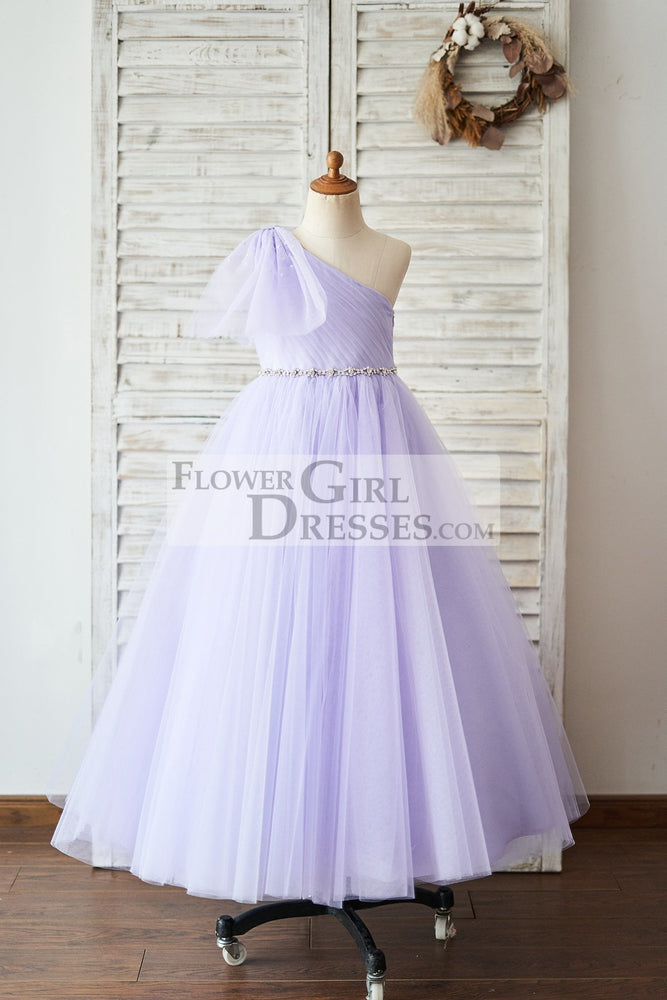 Ball Gown One Shoulder Beaded Lavender Tulle Flower Girl Dress 8T Ball Gown One Shoulder Beaded Lavender Tulle Flower Girl Dress 8T