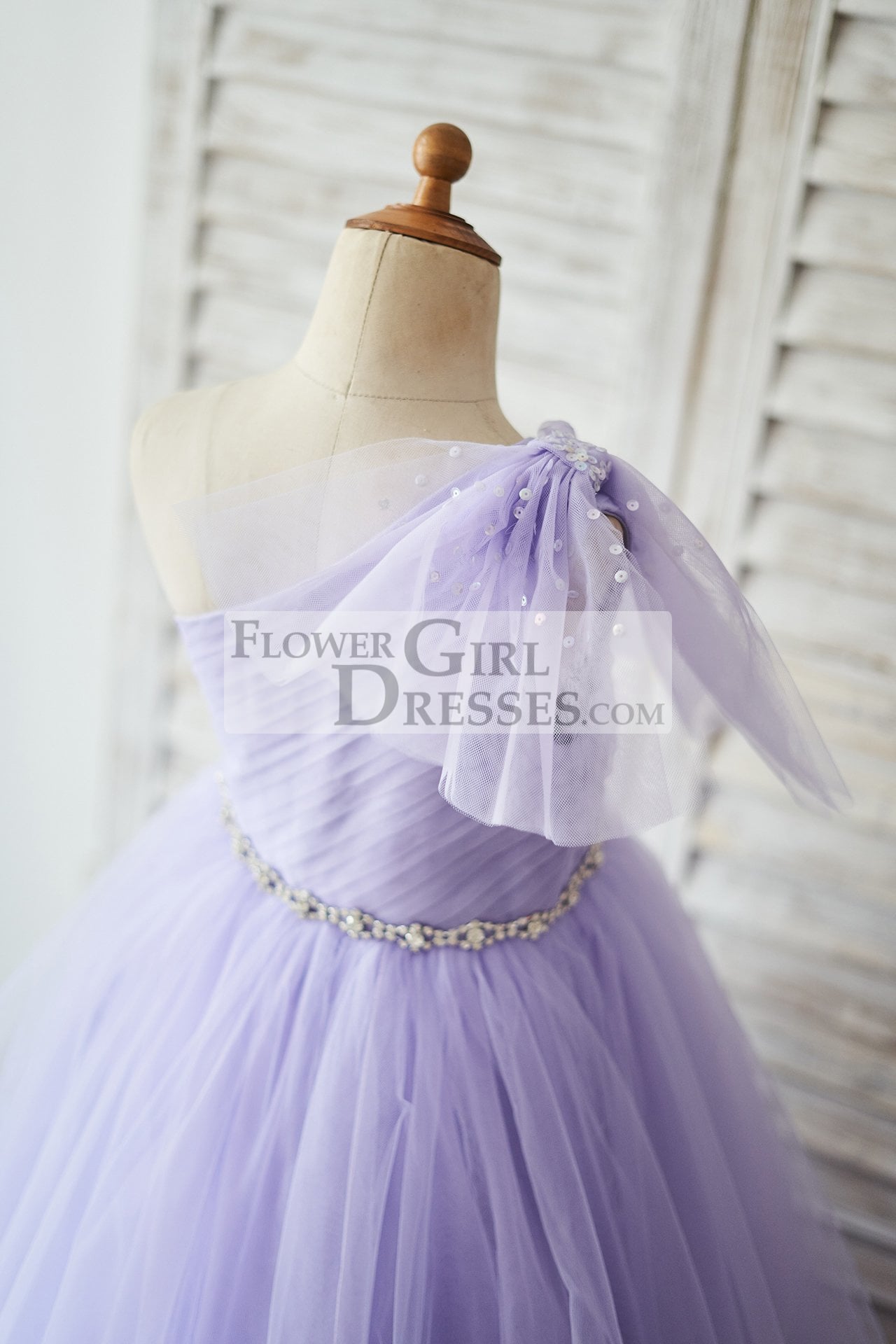 One Shoulder Beaded Lavender Tulle Wedding Flower Girl Dress