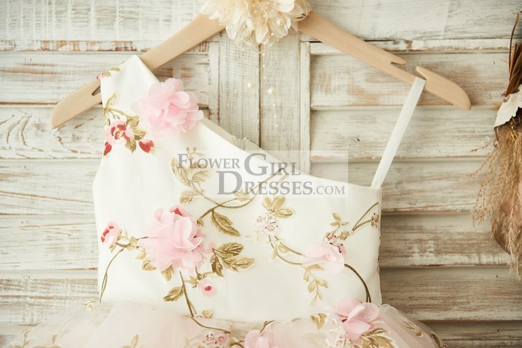 One Shoulder Floral Organza Pink Tulle Cupcake Wedding Flower Girl Dress