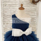 One Shoulder Navy Blue Cupcake Tulle Wedding Flower Girl Dress Kids Party Dress