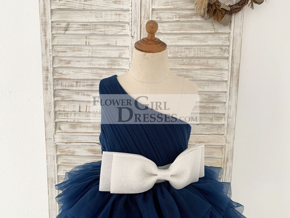 One Shoulder Navy Blue Cupcake Tulle Kids Party Flower Girl Dress - Flower Girl Dresses One Shoulder Navy Blue Cupcake Tulle Kids Party Flower Girl Dress - Flower Girl Dresses