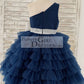 One Shoulder Navy Blue Cupcake Tulle Wedding Flower Girl Dress Kids Party Dress