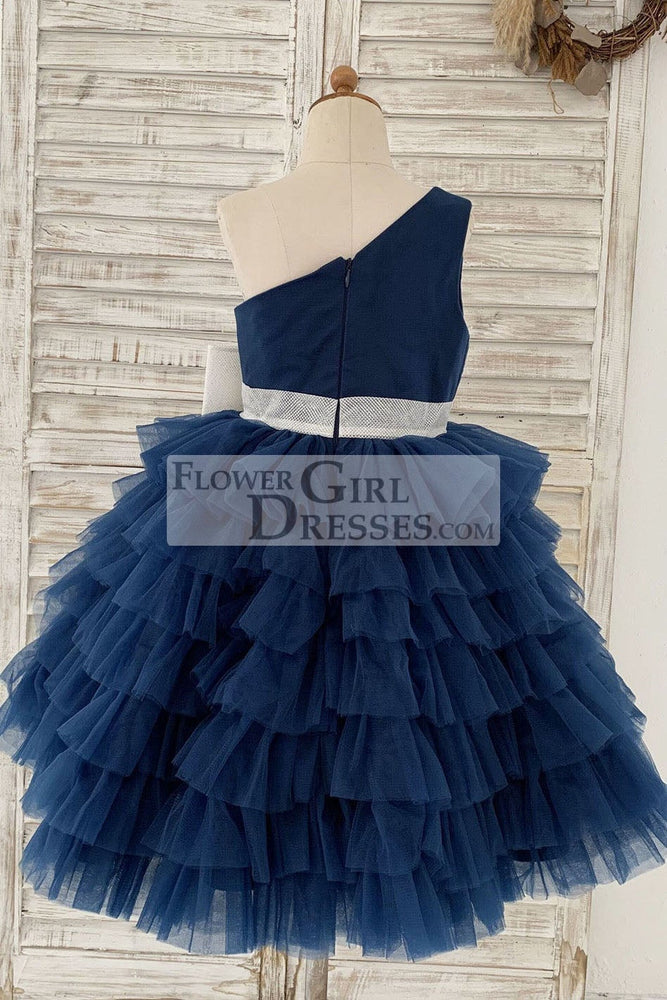One Shoulder Navy Blue Cupcake Tulle Kids Party Flower Girl Dress - Flower Girl Dresses One Shoulder Navy Blue Cupcake Tulle Kids Party Flower Girl Dress - Flower Girl Dresses