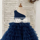 One Shoulder Navy Blue Cupcake Tulle Wedding Flower Girl Dress Kids Party Dress