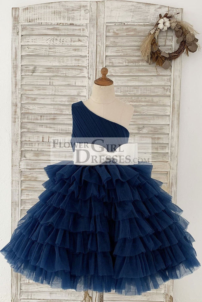 One Shoulder Navy Blue Cupcake Tulle Kids Party Flower Girl Dress - Flower Girl Dresses One Shoulder Navy Blue Cupcake Tulle Kids Party Flower Girl Dress - Flower Girl Dresses