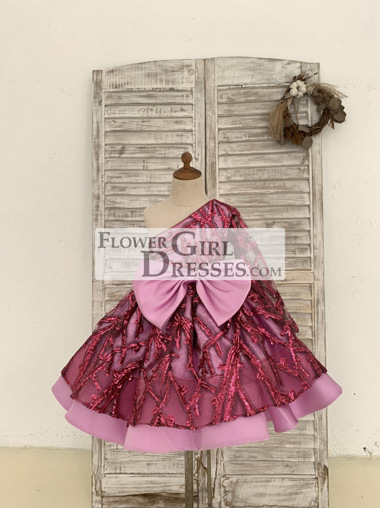 One Shoulder Single Sleeves Fuchsia Sequin Satin Wedding Flower Girl Dress Kids Birthday Party Dress