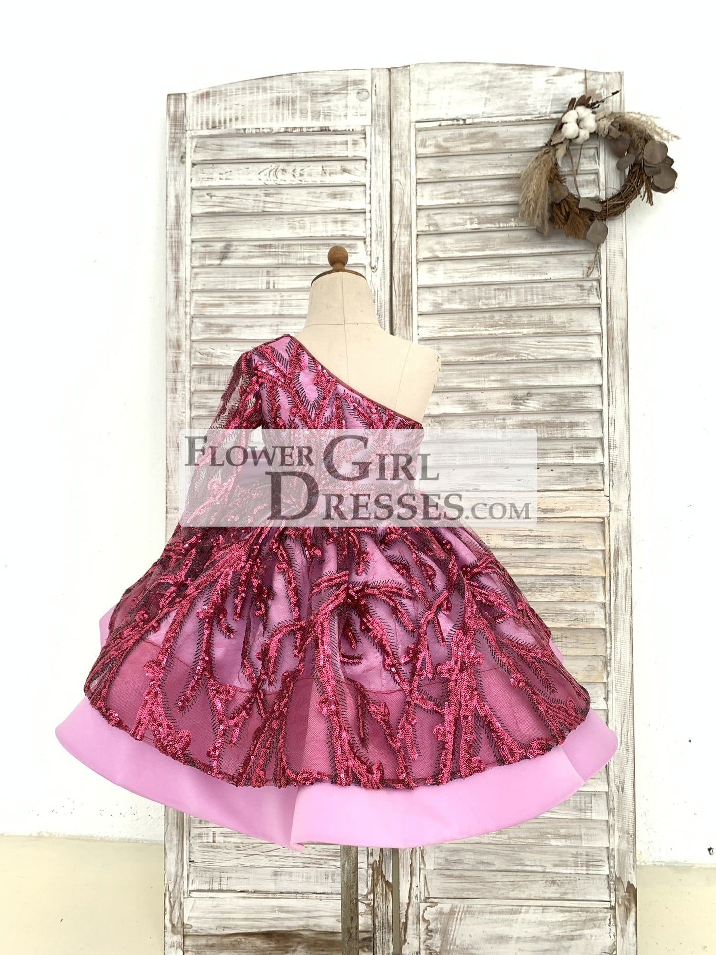 One Shoulder Single Sleeves Fuchsia Sequin Satin Wedding Flower Girl Dress Kids Birthday Party Dress