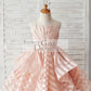 Peach Pink Stripe Organza Spaghetti Straps Wedding Flower Girl Dress