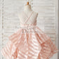 Peach Pink Stripe Organza Spaghetti Straps Wedding Flower Girl Dress
