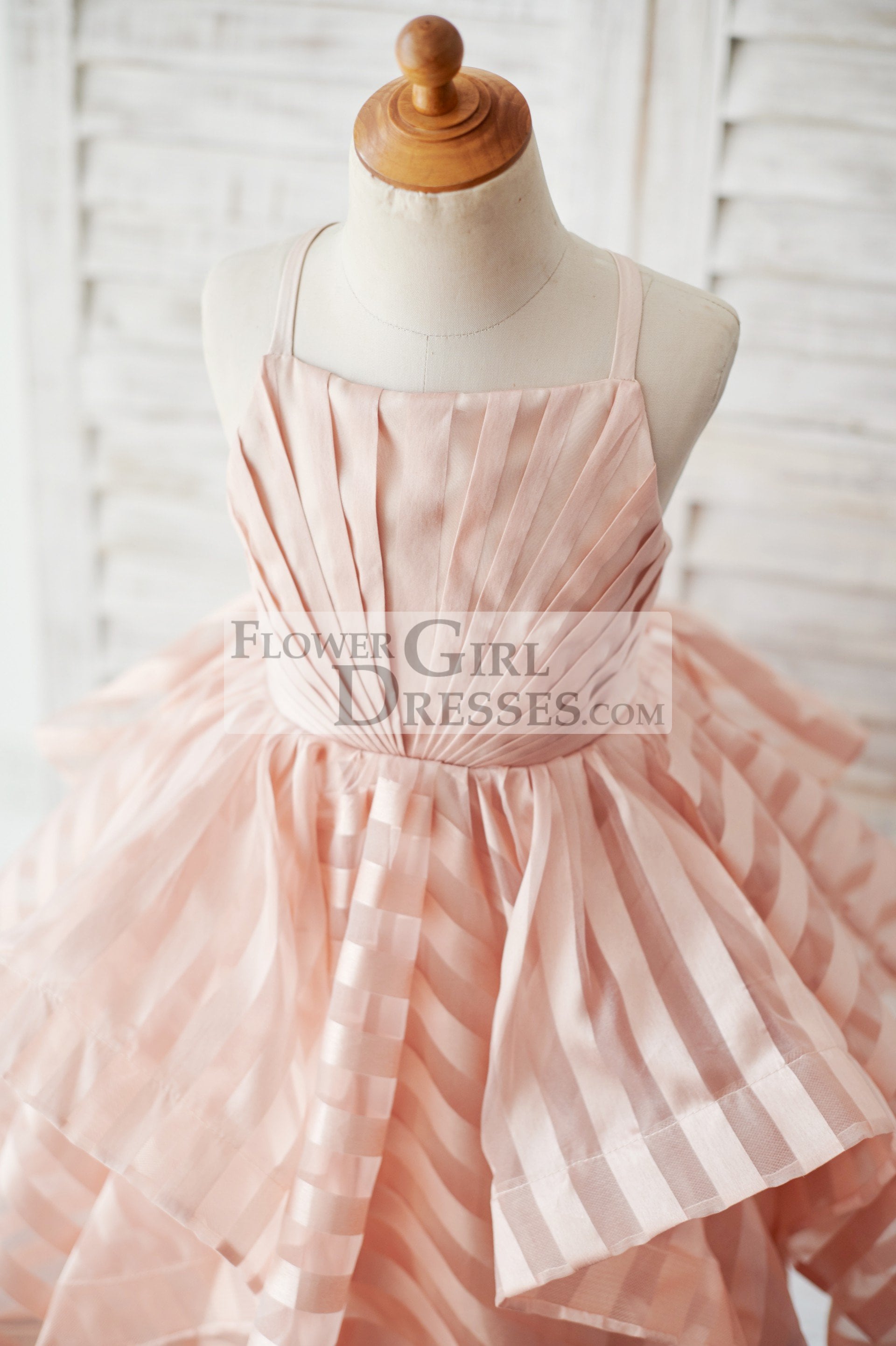 Peach Pink Stripe Organza Spaghetti Straps Wedding Flower Girl Dress