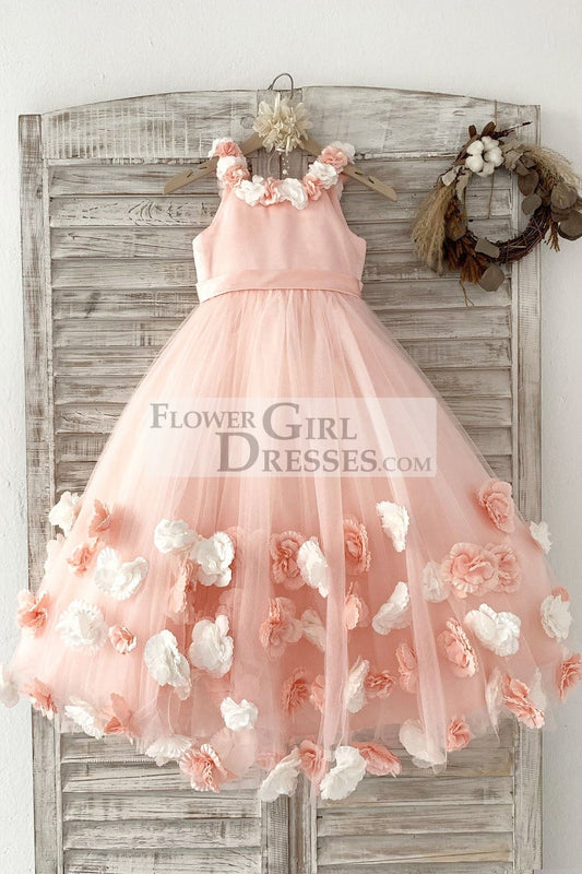 Pink 3D Flowers Wedding Flower Girl Dress Kids Party Dress