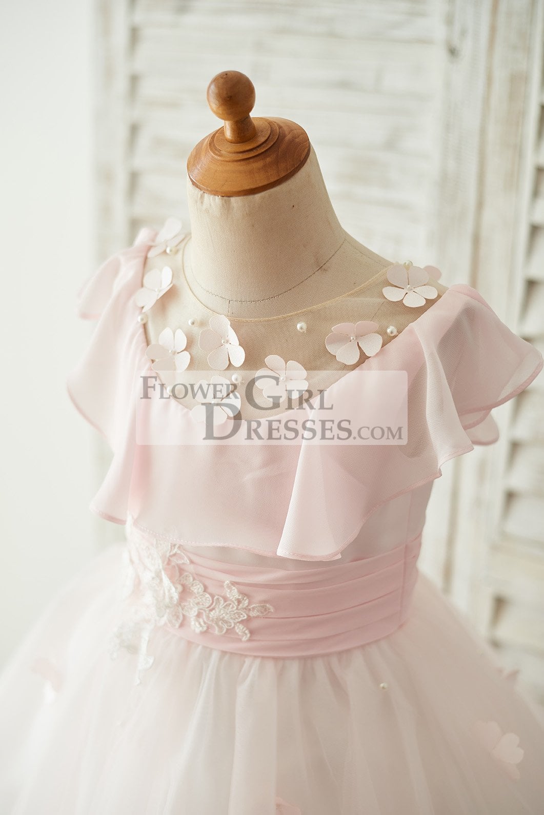 Pink Chiffon Tulle Sheer Neck Wedding Flower Girl Dress